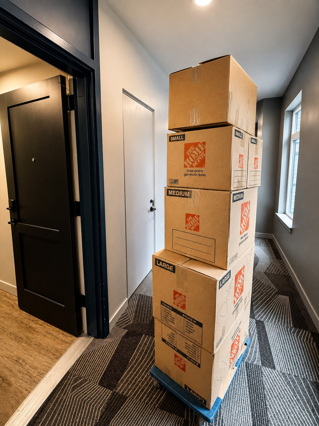 Moving boxes on a dolly in an apartment hallway
