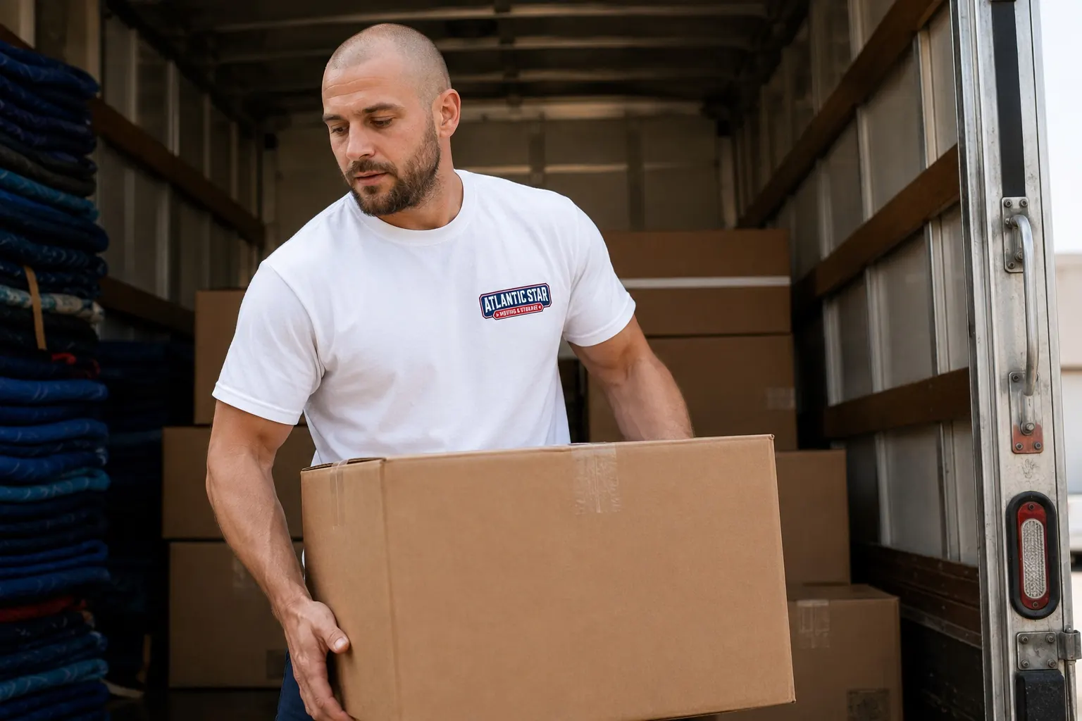 Atlantic Star mover carrying a box inside a moving truck