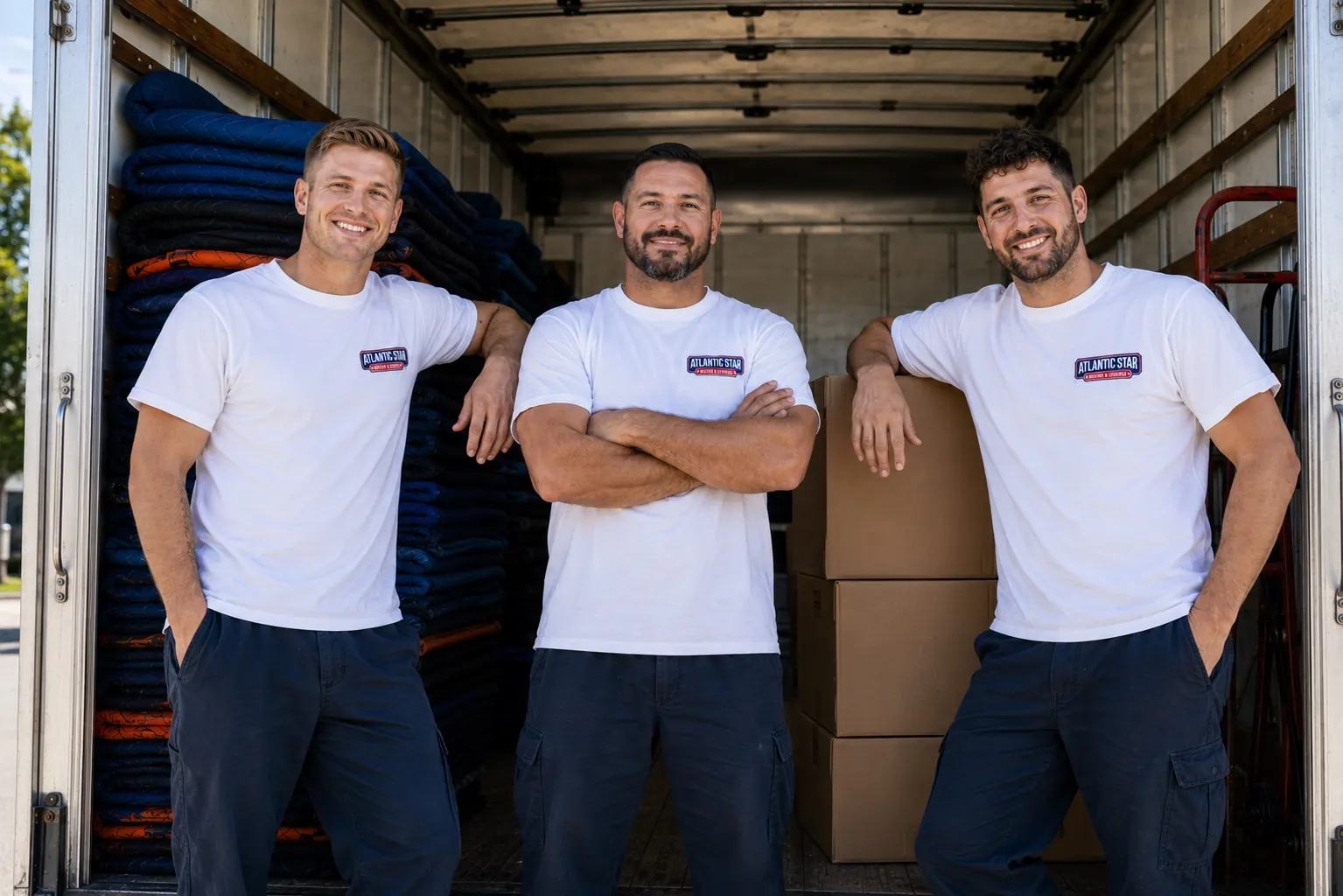 Atlantic Star moving crew standing inside a moving truck