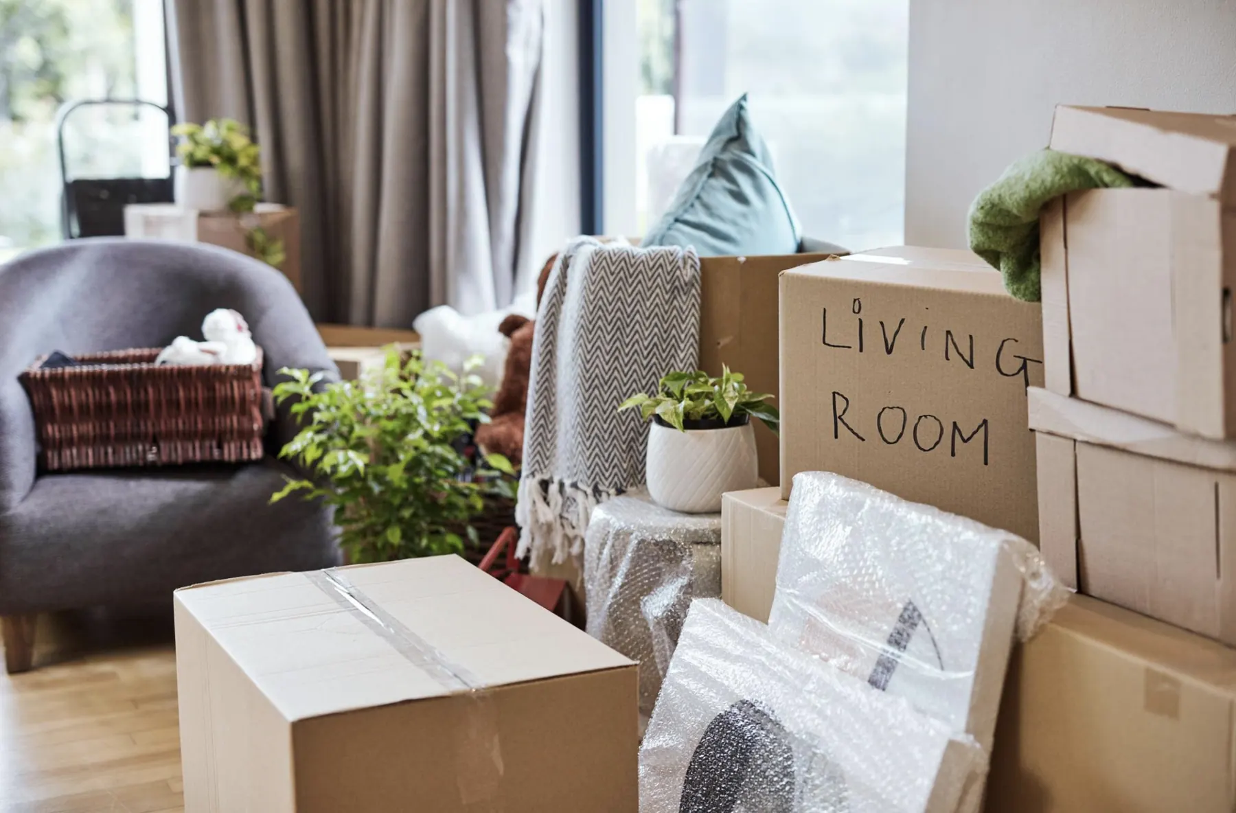 Packed living room ready for moving services