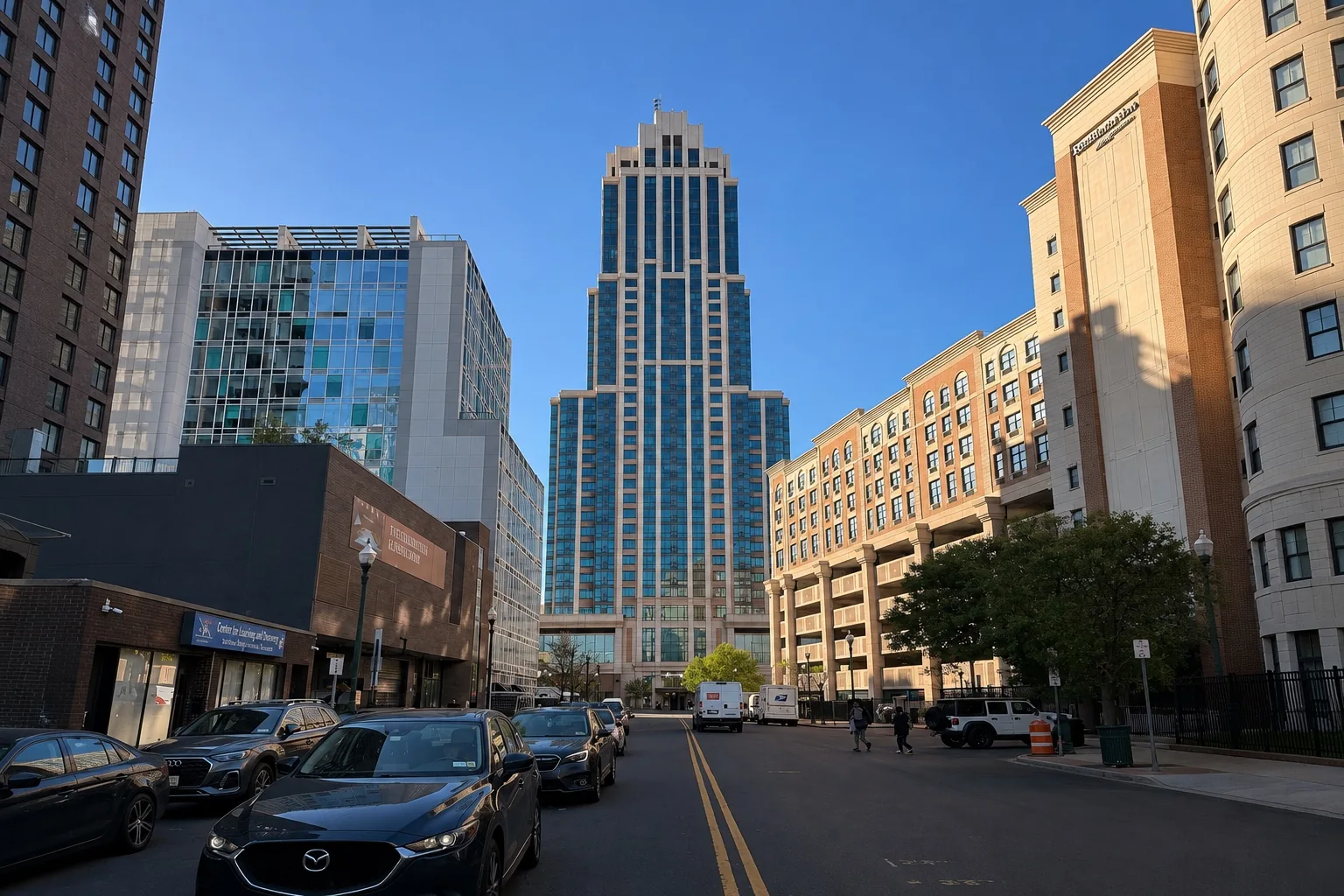 Downtown New Rochelle street with high-rise buildings and local traffic