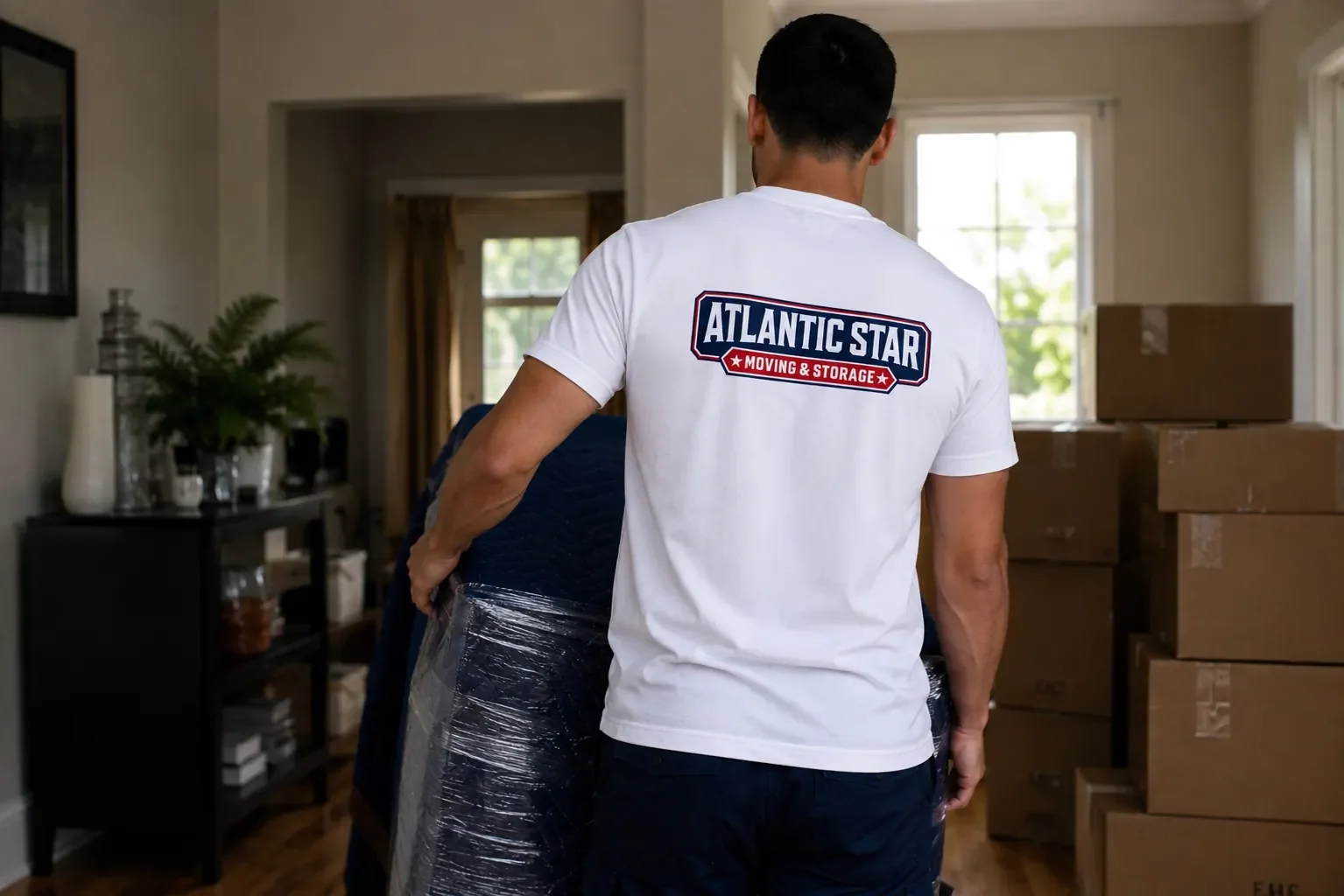 Mover preparing items inside a residential living room