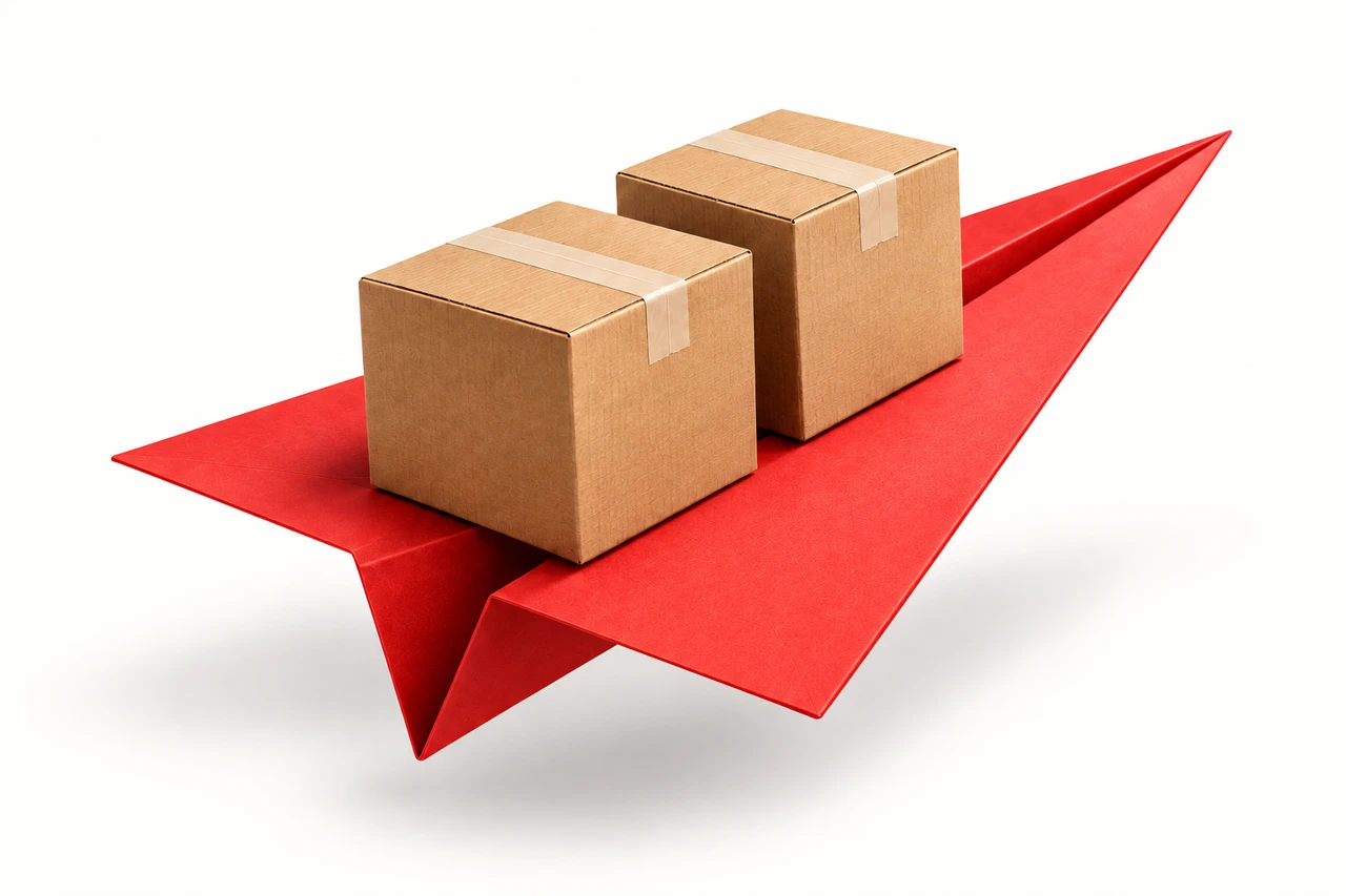 Moving boxes riding a red paper airplane