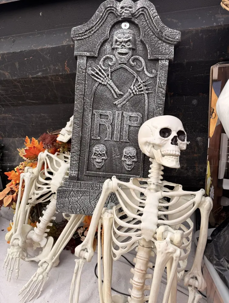 Halloween skeletons and a decorative gravestone packed among seasonal props